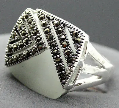 White Opal 14mmX15mm Square 925 Sterling Silver Marcasite Ring Size 7/8/9/10 | Украшения и аксессуары