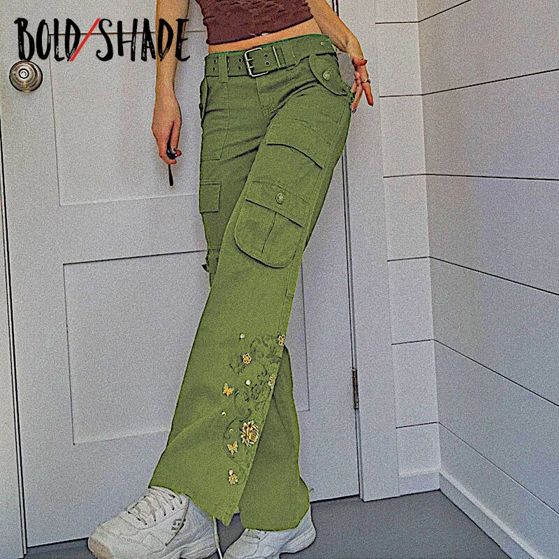 

Bold Shade Grunge 90s Style Green Jeans Streetwear Y2K Floral Butterfly Embroidery with Sashes Jeans Low Waist Vintage Trousers