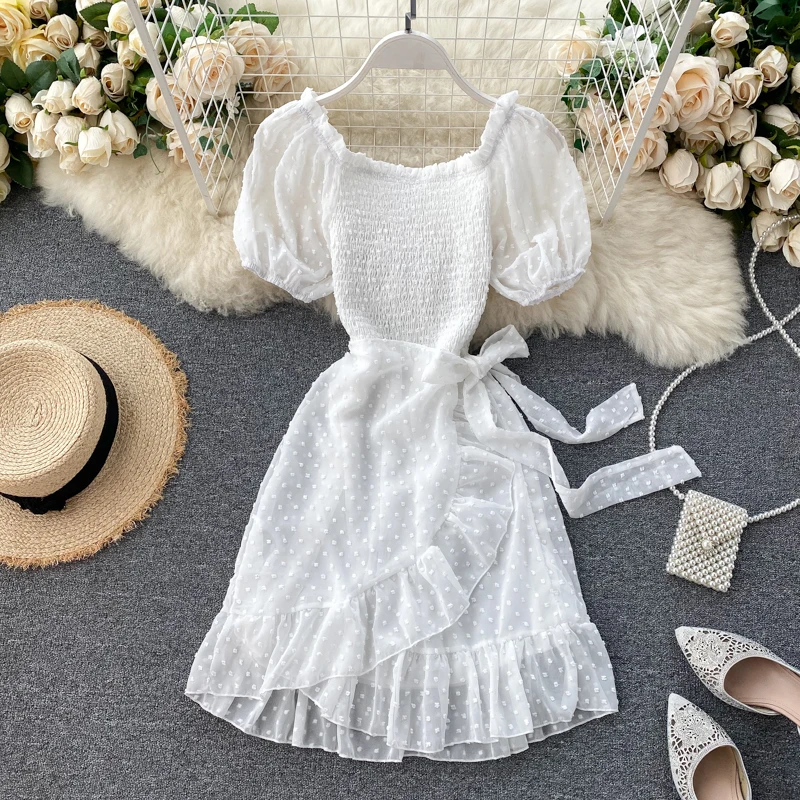 SINGRAIN-женское шифоновое платье с рюшами летнее и рукавами-фонариками сексуальное