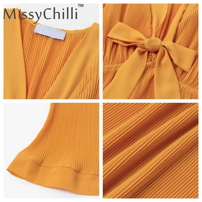 Платье MissyChilli женское желтое с рукавами фонариками треугольным вырезом на