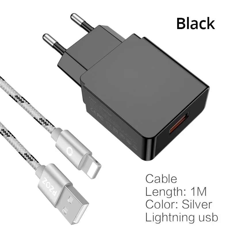 PZOZ Быстрая зарядка 3,0 USB зарядное устройство быстрое зарядное устройство 18 Вт ЕС настенный usb портативный адаптер зарядное устройство кабель для мобильного телефона для samsung S10 S9 S8 - Тип штекера: Black and lightning