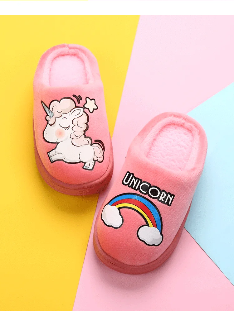 Мини Зимние детские тапочки с единорогом домашняя обувь для мальчиков и девочек