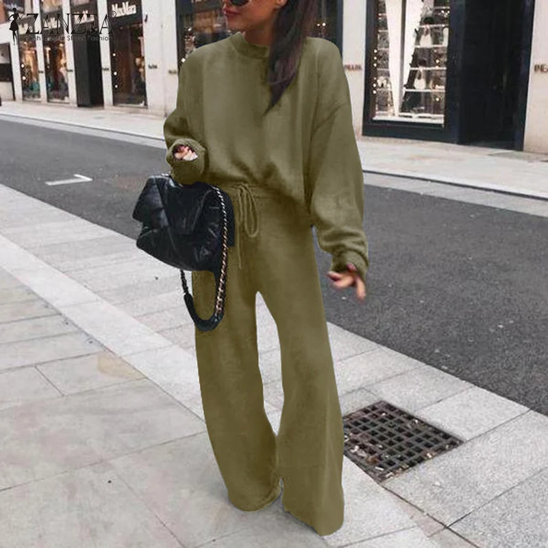 

Women Casual 2 Piece Sets 2021 Fashion Oversized Hoodies Suits Lady Autumn Wide Leg Pant Suit ZANZEA Solid Sweatshirt And Pants