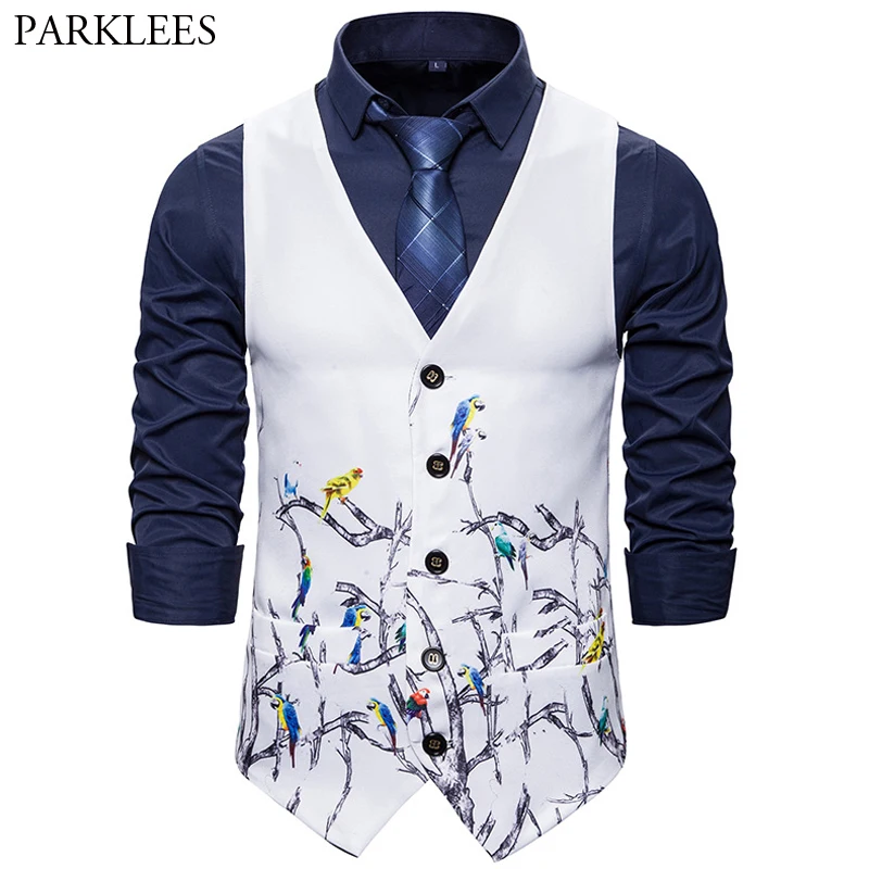 Жилетка мужская с птичьим рисунком Повседневная модная рубашка однобортный