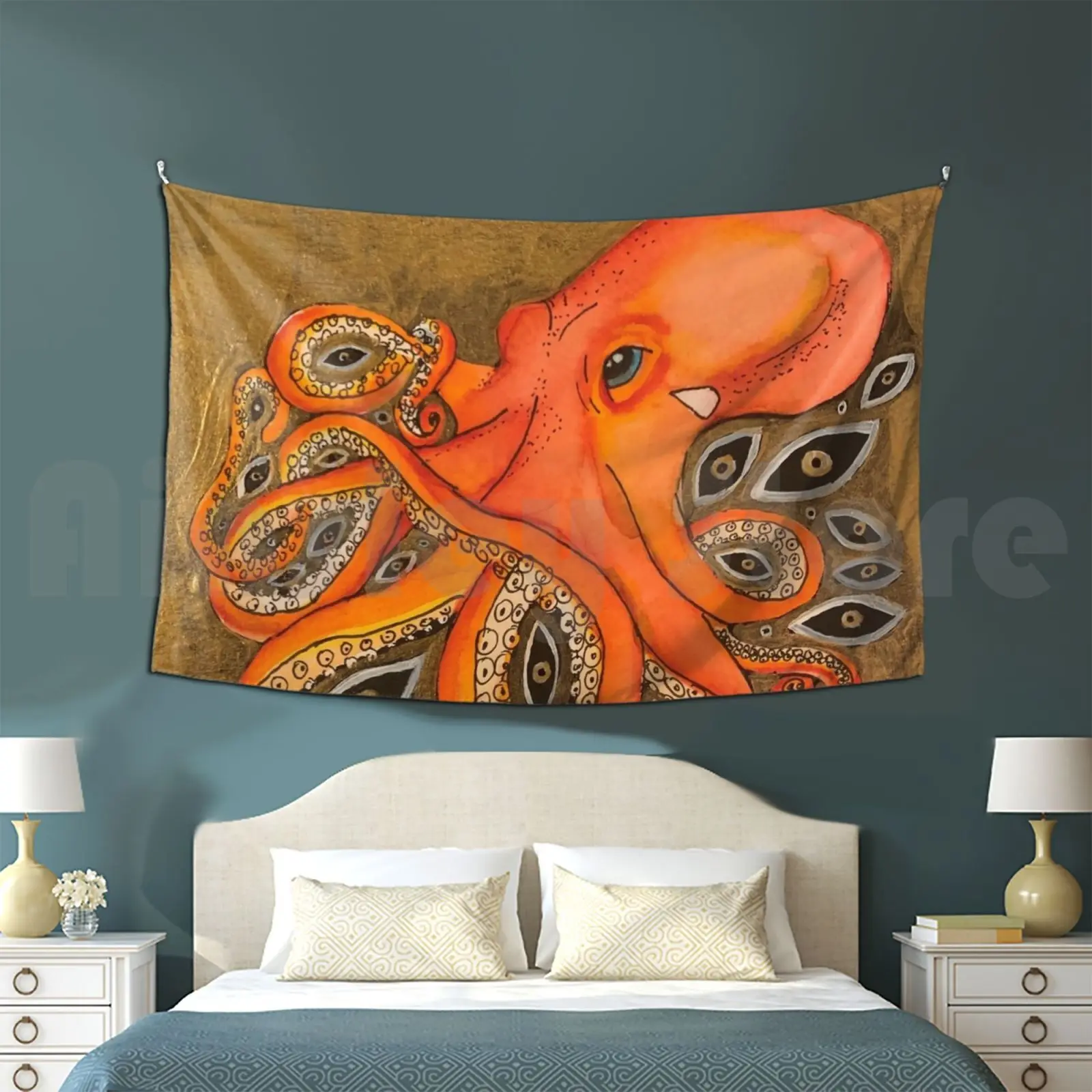 

Visitor From Space Tapestry Living Room Bedroom Octopi Octopus Orange Eyes Eye Gold Aquatic Watercolor Acrylic Ink