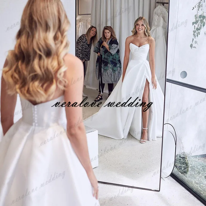 

Country Garden Wedding Dress A Line Sweetheart Satin Split Bridal Gown Custom Made Princess Wedding Party Gowns