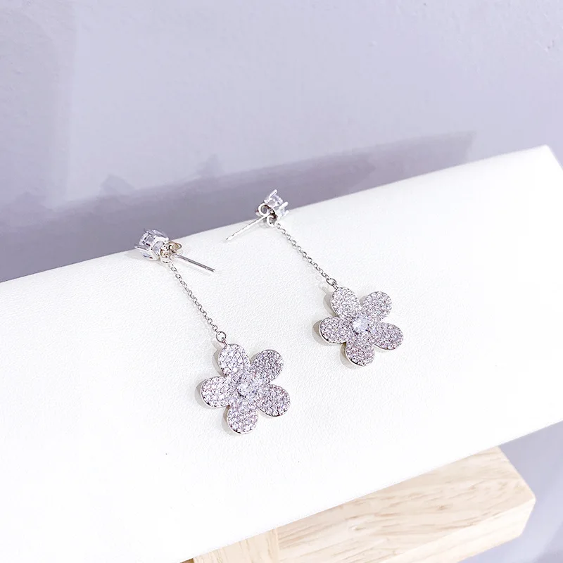 

Delicate 14K Gold Plated Flower Stud Earrings For Women Luxury Zircon CZ Long Earrings Gift