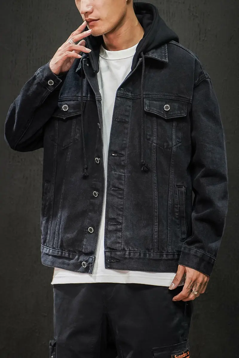 

Japanese new tooling spring and autumn loose hooded solid color casual trendy men's denim clothes