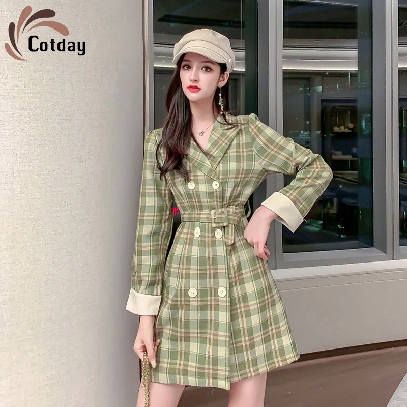 

Cotday Green Double Breasted Plaid Notched High Quality 2020 New Autumn Preppy Style With Slim Full Sleeves Small Suit Dress
