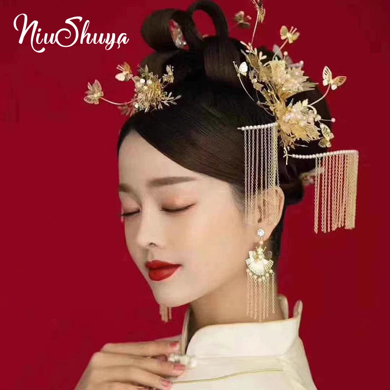 

NiuShuya New Chinese Costume Headdress Gold Vintage Step Shake Tassel Hair Accessories Bride Wedding Stage Show Phoenix Crown