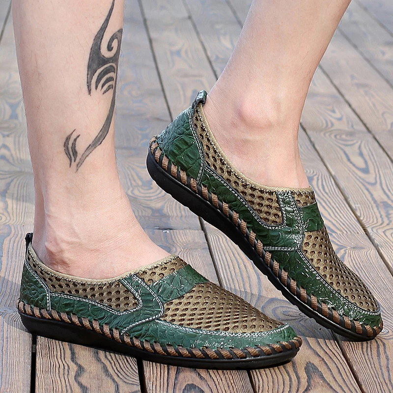 Мужские сетчатые туфли ручной работы дышащие лоферы повседневная обувь на