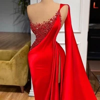 one shoulder red mermaid evening dress pearls beading prom gowns side split luxurious custom made vestido de novia