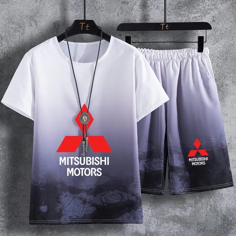

New Summer Men's suits Mitsubishi Car Logo high quality O-neck High Quality Cotton Gradient Men's short sleeve+shorts 2-piece se