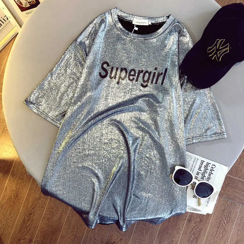 

Женская футболка с буквенным принтом и блестками, пуловер средней длины, женские топы, уличная мода, дизайнерская футболка большого размера...