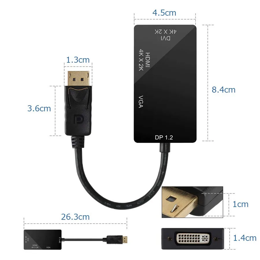Мульти Функция Dp к HDMI/DVI/VGA для мужчин и женщин 3 в 1 адаптер конвертер кабель
