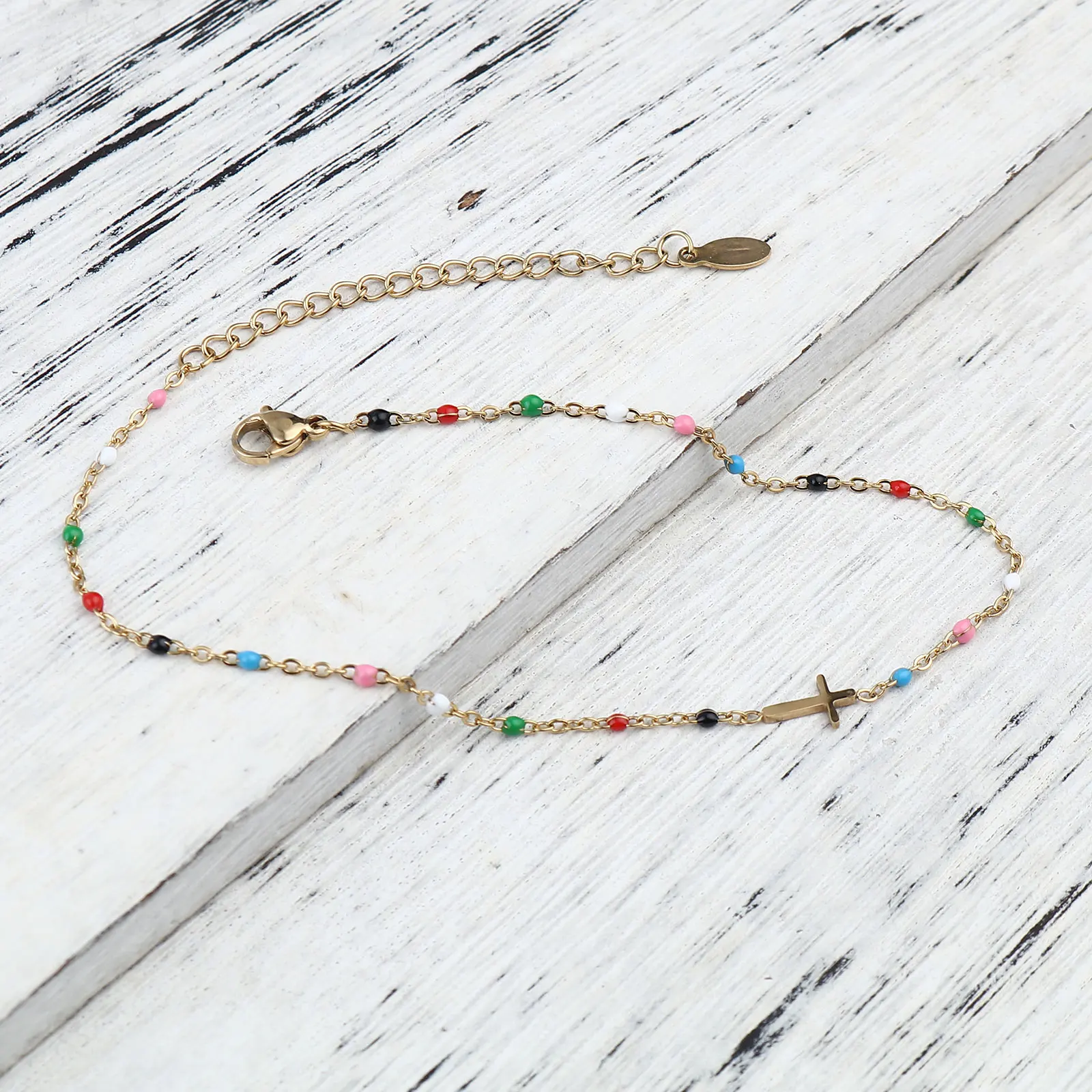 

Stainless Steel Anklet Golden Cross Charms Enamel Bead Leg Chain For Women Girl Summer Beach Party Bracelet Boho Jewelry Gift