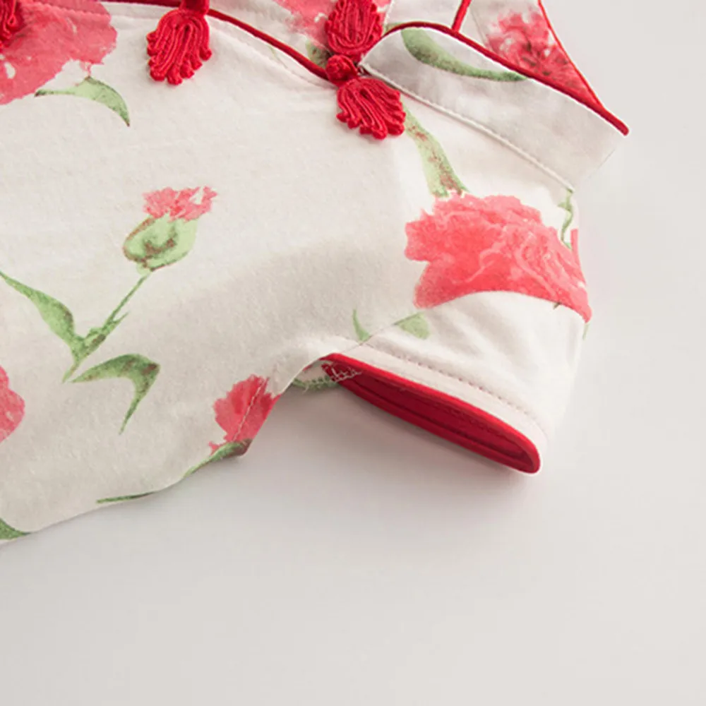 

2021 New Summer Toddler Baby Girls Rose Flower Print Sleeveless Cheongsa Chinese Style Romper Infant Clothes Set Jumpsuit#4