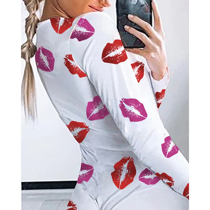 Женское облегающее боди с принтом губ и V-образным вырезом |