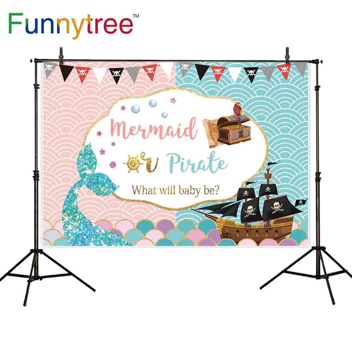 Funnytree photo background photozone Mermaid pirate Gender disclosure baby shower banner decor photography studio photocall | Электроника