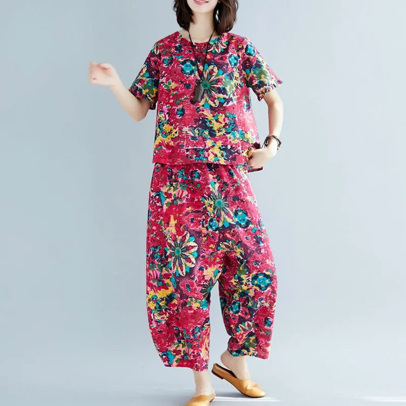 

Cotton 2 Piece Sets Womens Outfits Printed Short Sleeve Tops + Loose Harem Pants Suits Two Piece Set 2021 Summer Clothes X122