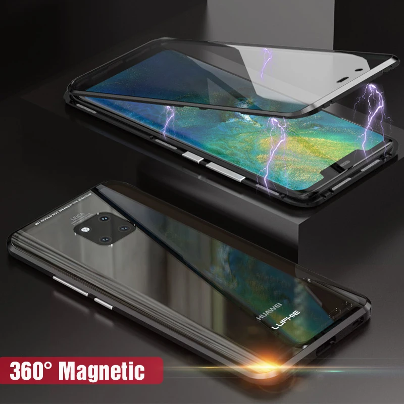 Магнитный металлический чехол для Huawei Mate 20 Pro противоударный Полный стеклянный