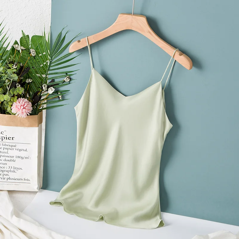 Gezelligheid Silk Tops For Women 2021 New Summer Sexy Elegant Casual  Bottom Loose Sleeveless V-Neck 100% Natural Silk Sling Top