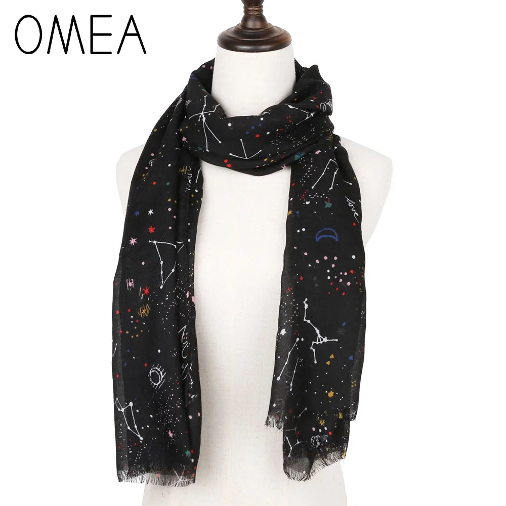 Черный шелковый шарф OMEA с рисунком звездного неба Женская шаль и обертывания