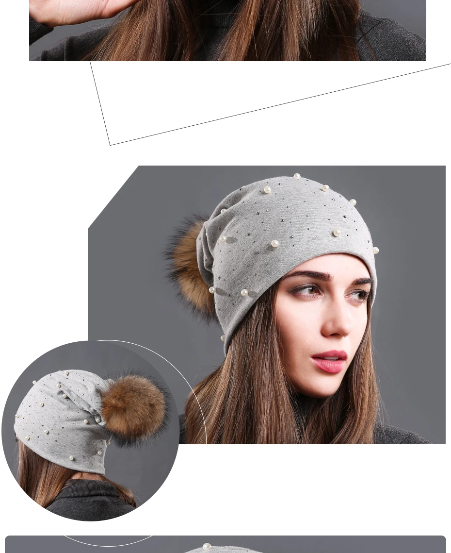 New Women's Pearls Beanies Winter Causal Solid Rhinestone Pearl Slouchy Beanies Hat with Raccoon Fur Pompom Femme Black Cap