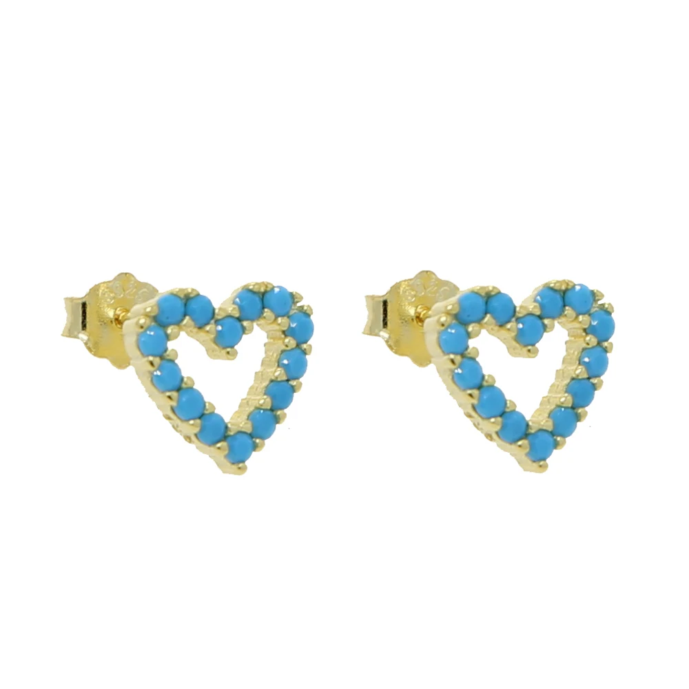 Золотой цвет бирюза сердце серьги стержни 100% 925 пробы серебро милые крошечные