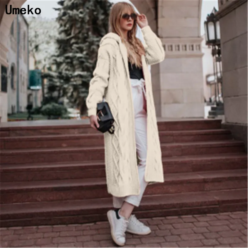 Umeko 6 цветов Женский вязаный кардиган Зимний толстый теплый длинный кардиган с капюшоном Женский винтажный свитер с длинным рукавом Верхняя одежда Пальто