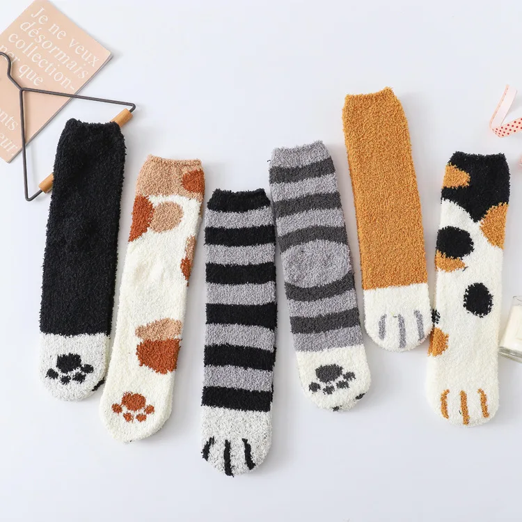Kış sıcak kedi Paw çorap kadınlar kızlar için uyku tulumu ev kat çorap kalın çorap