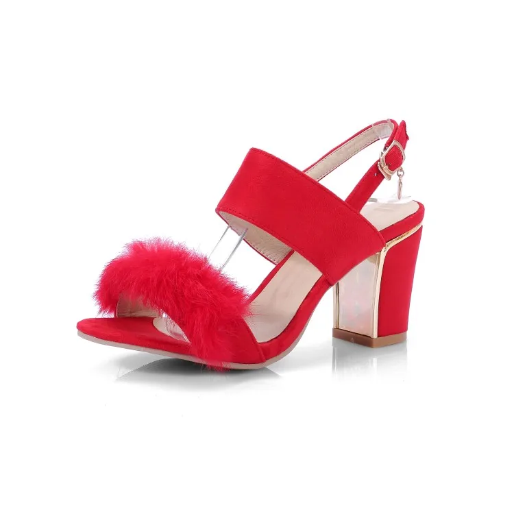 Сандалии женские с кроличьим мехом босоножки на высоком квадратном каблуке и