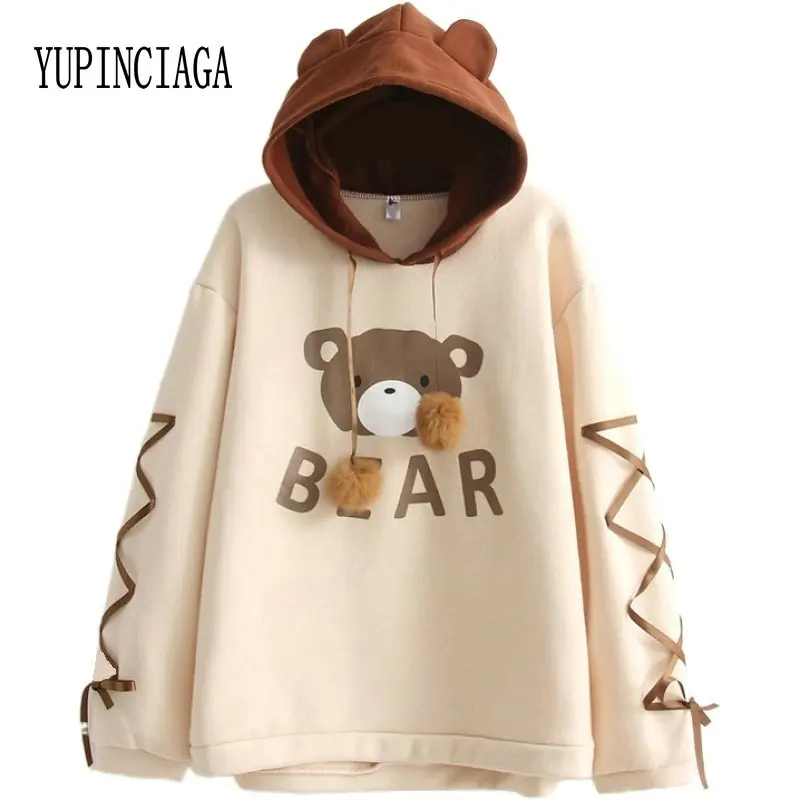 Women's Hooded Sweatshirt Cartoon Bear Print Harajuku Cute Hoodies 2020 Spring Long Sleeve Patchwork Pullovers With Lace Up