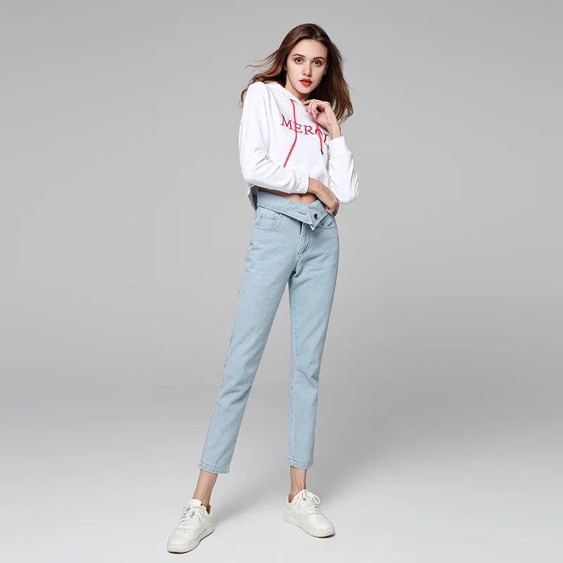 

Boyfriend Jeans Women Summer Wash Jeans for Women Lapel Buttons Women In High-waisted Jeans Female Trousers