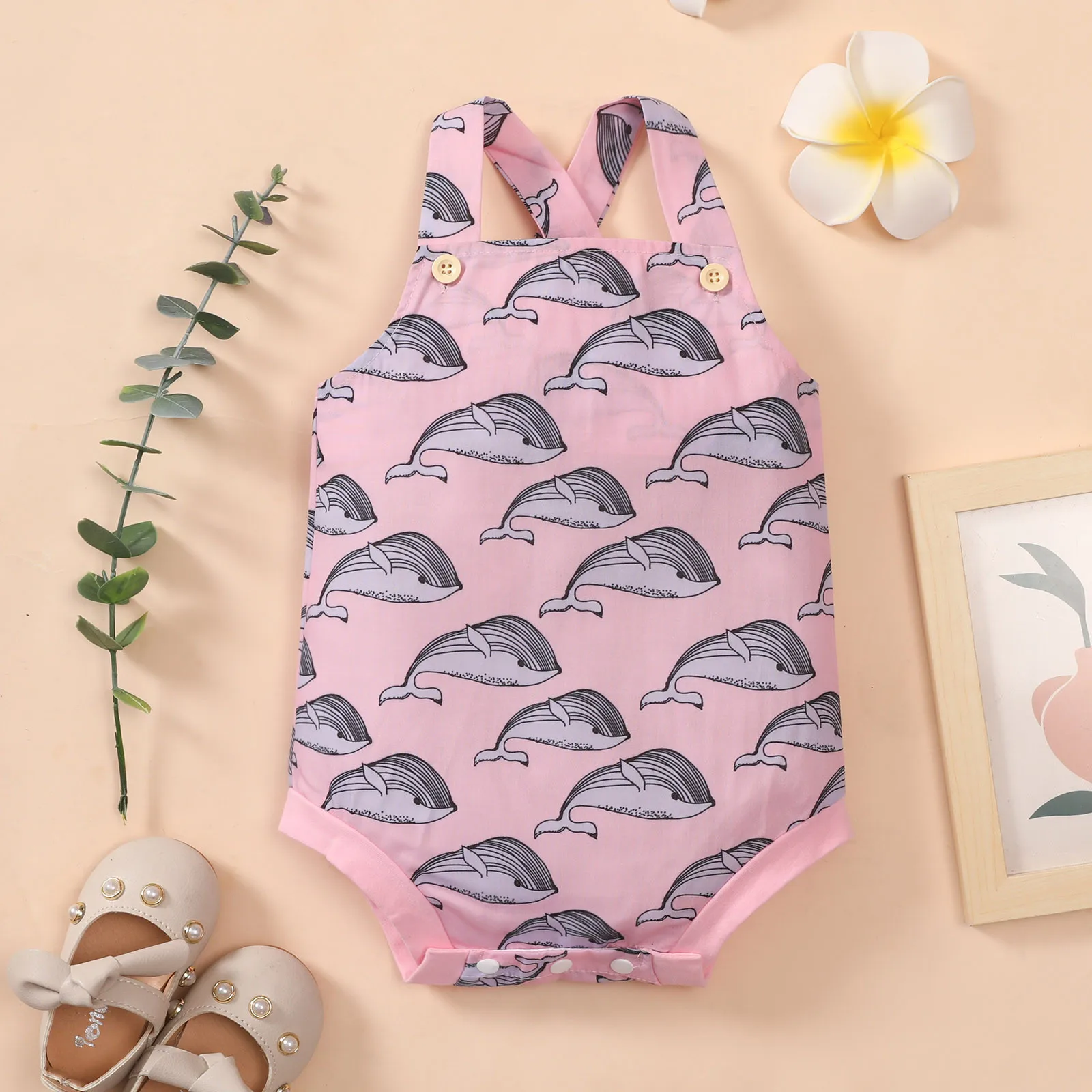 

Baby Boys Girls Straps Bodysuit Cartoon Whale Printed Infant Newborn Summer Sleeveless Jumpsuit Backless Bodysuits 3-18 Months