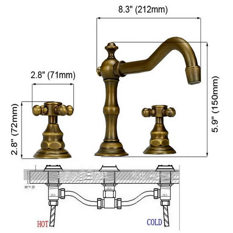 Античный латунный Смеситель для раковины с двумя поперечными ручками 3