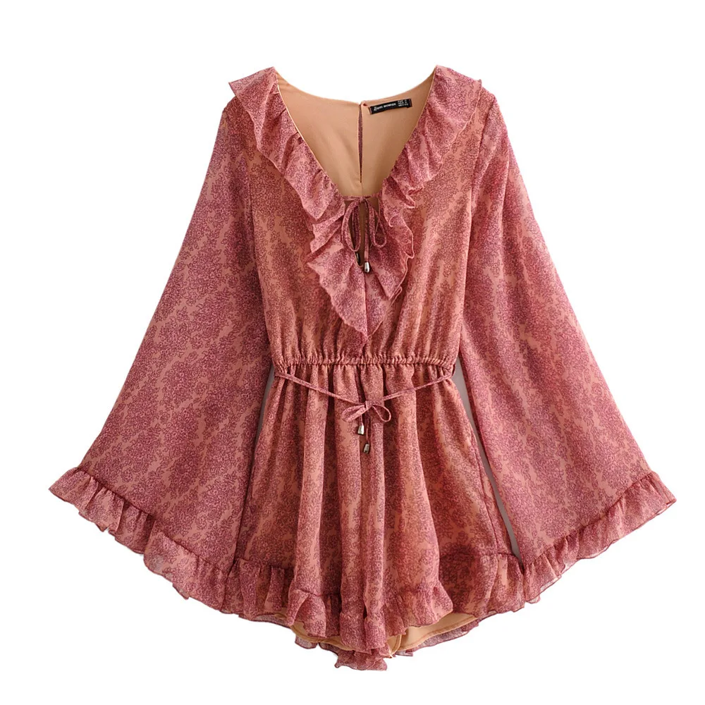 

2021In the spring of European and American women's clothing NewVNeck ruffled bat sleeved jumpsuits & rompers 548