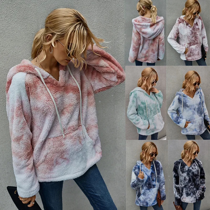 

Women's Winter Autumn Thicken Hoodies Fashion Tie-dyed Print Loose Casual V-neck Long Sleeves Pocket Woollen Pullover Streetwear