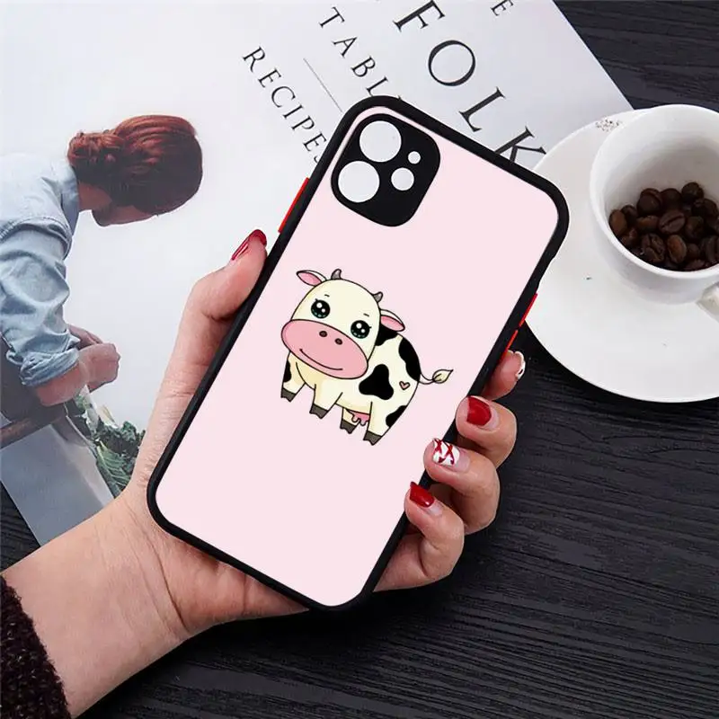 

Phone Case For iPhone 12 11 Mini Pro XR XS Max 7 8 Plus X Lovable cute strawberry cow Matte transparent cover