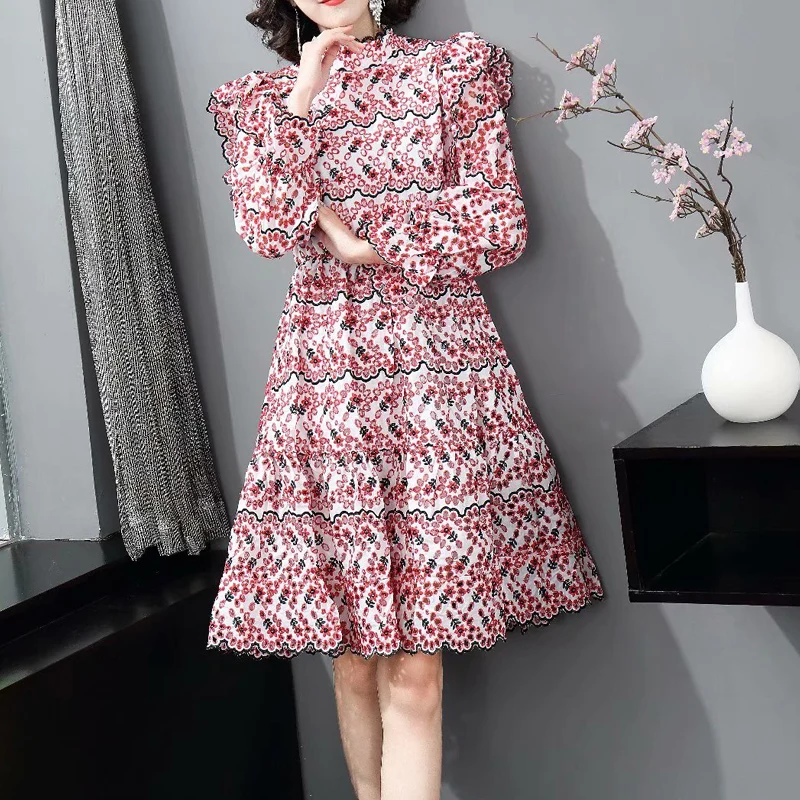 

Designer 2021 Spring Fashion New Women'S Ruffles Long Sleeves Hollow Embroidery Elegant Chic Casual Party Dress