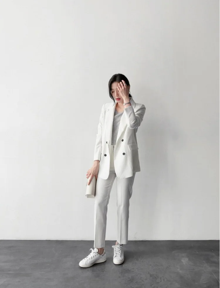 

2 Piece Set Women Pant Suits Formal Double Breasted Stripe Jacket Long Trouser Suit Office Wear Female Solid White Blazer Set