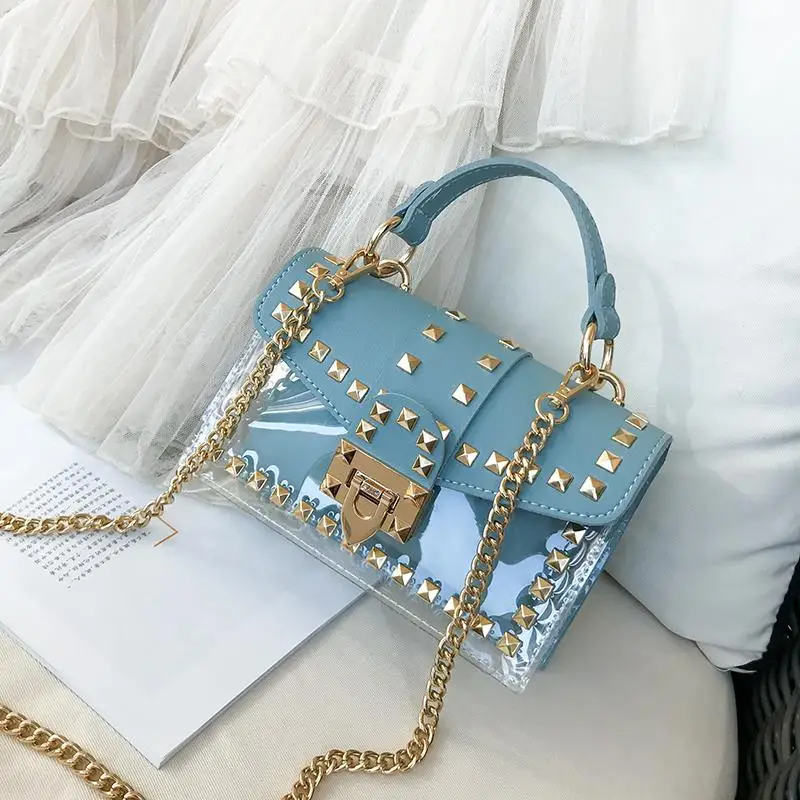 

2020 New chains rivet women handbags small white black pink yellow blue pvc hasp handbags summer soft shoulder bags cross body