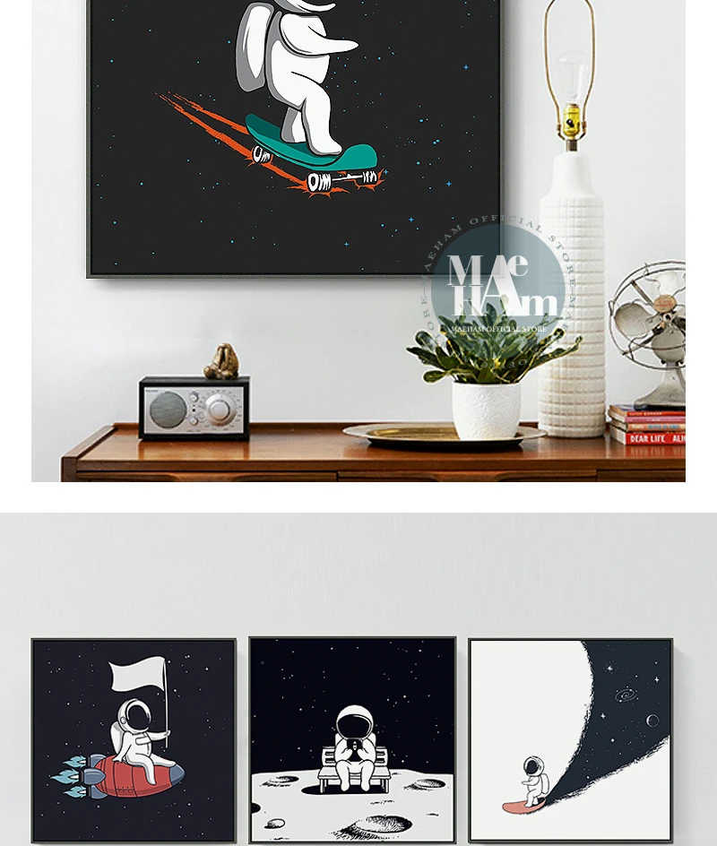 Cartoon rocket Astronauts Nursery Wall Picture Poster Print Boy bedroom Modern Canvas Painting Kids Children Wall Art Mural