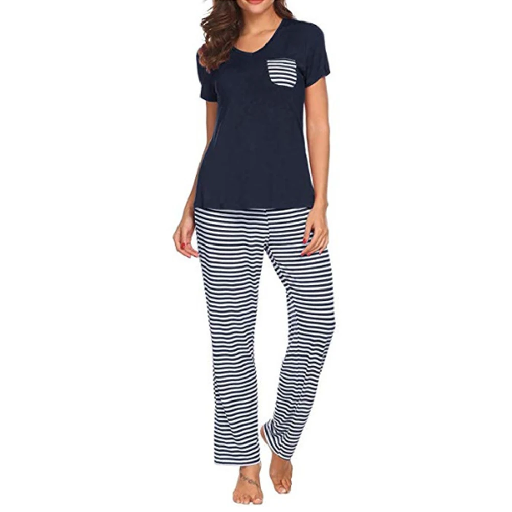 

Elastic Waist With Pocket Striped Casual Breathable V Neck Short Sleeve Women Pajama Set Daily Top Pants Soft Sleepwear Home