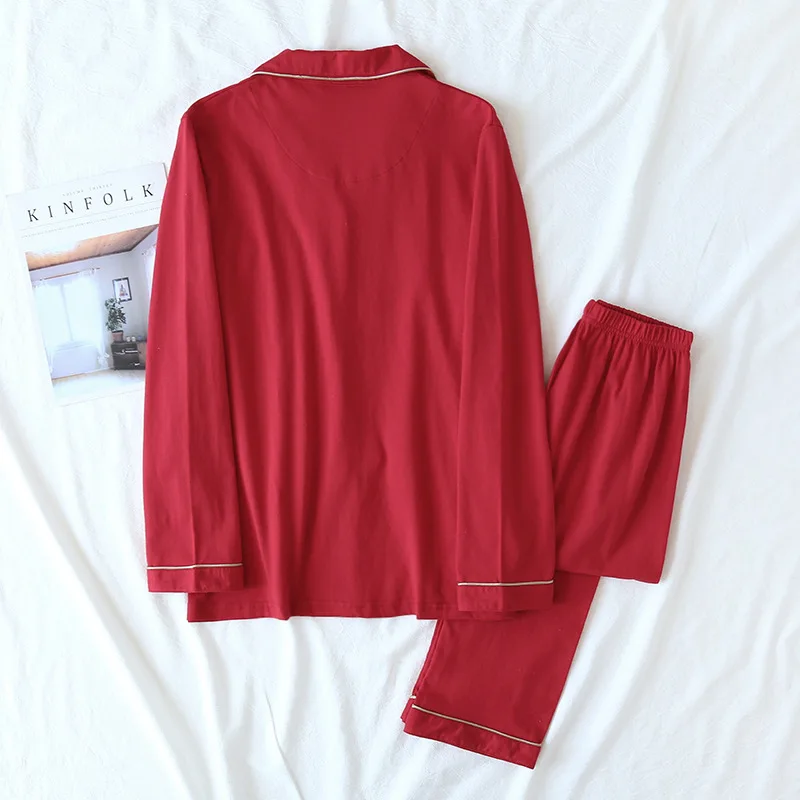 New spring and autumn couple knit pajamas, long-sleeved trousers, two-piece 100% cotton red men's and women's home service suit