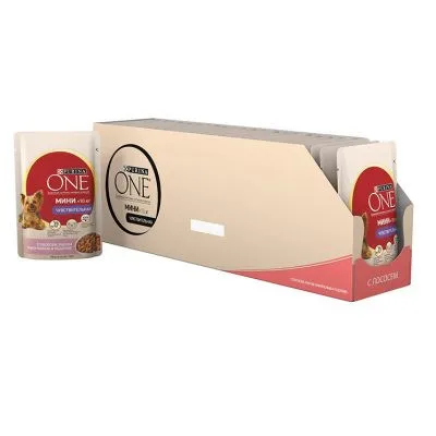 Влажный корм для собак мелких пород Purina ONE МИНИ Чувствительная, с лососем, рисом и морковью в подливе, Пауч, 100 г(24 шт