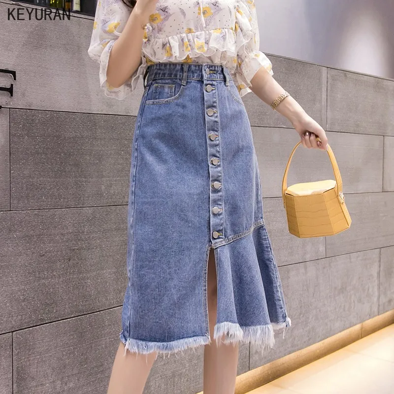 Женская джинсовая юбка средней длины стильная синяя Однотонная с одной