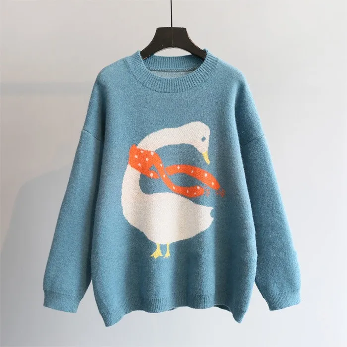 Милый свитер-пуловер с круглым вырезом и рисунком лебедя | Женская одежда