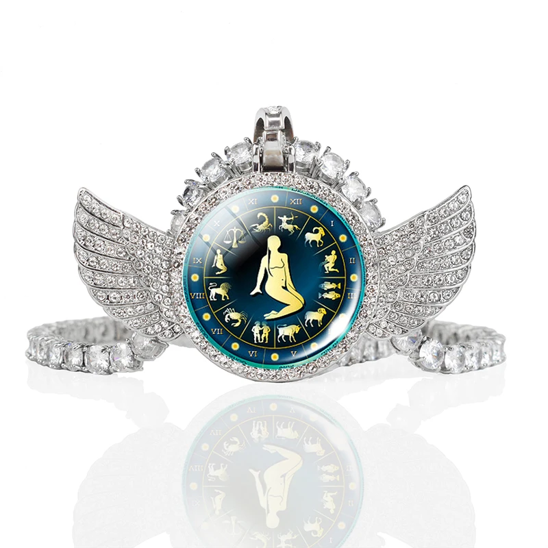 

Hip Hop Cool Crystal Solid Cubic Zircon Wings Necklace 12 Constellation Zodiac Signs Jewelry for Women Men Party Vacation Gifts