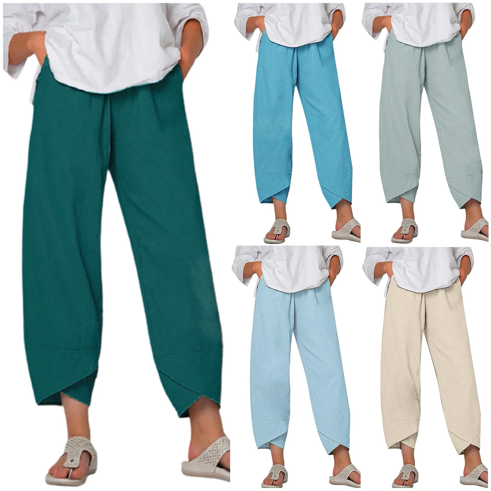 

Брюки женские повседневные с высокой талией, однотонные летние хлопковые свободные длинные прямые штаны, Свободные повседневные льняные ш...